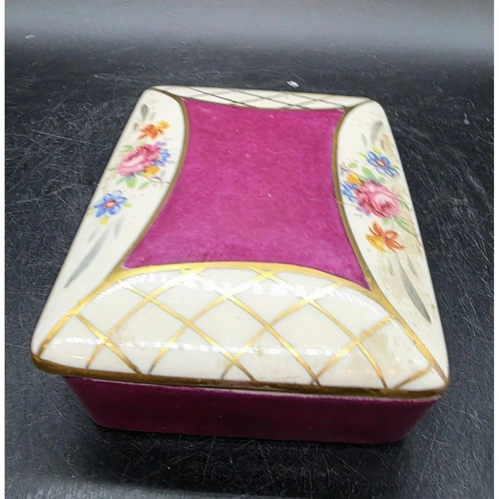 Vintage BW Hand Painted Porcelain Rectangular Trinket Dresser Box Flower Floral